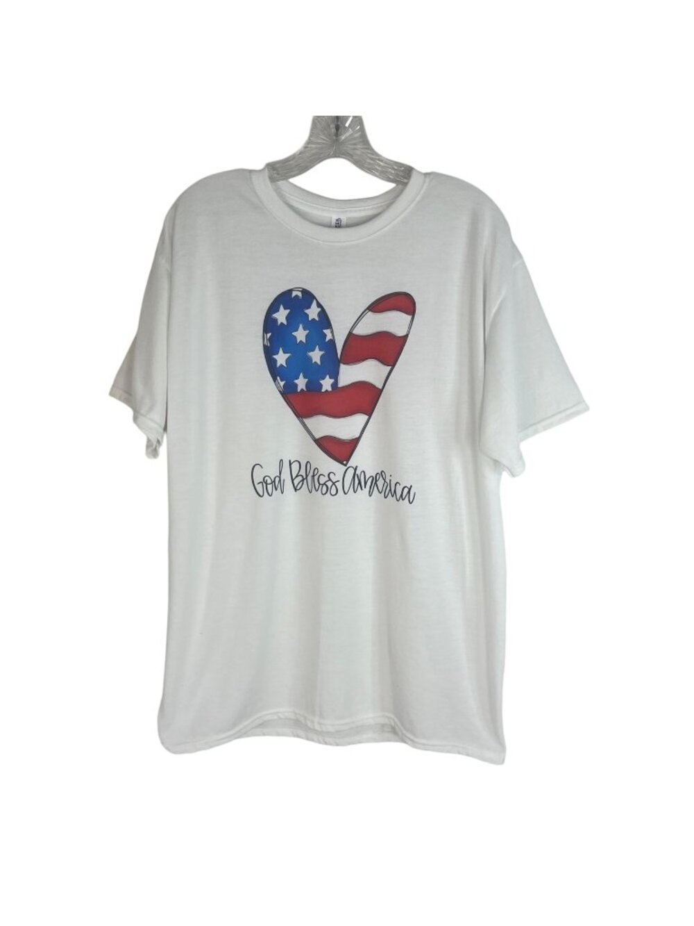 Jerzees Graphic Tshirt God Bless American Large White Patriotic Heart Flag